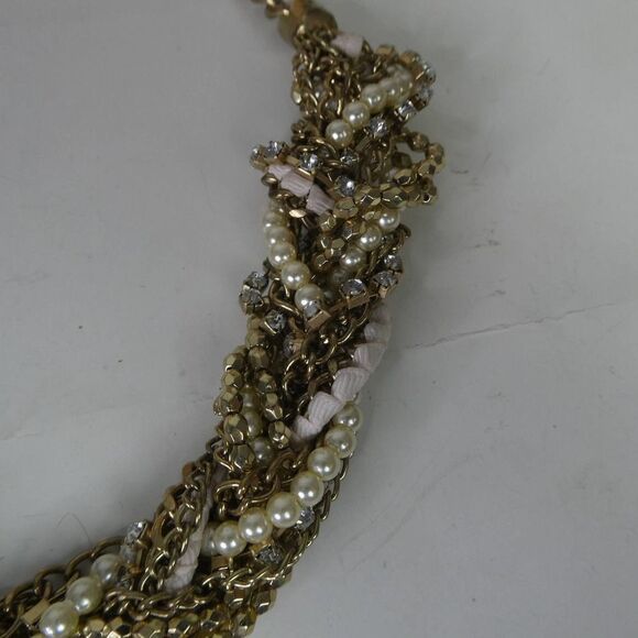 Mixed Material Braided Woven Bib Statement Necklace Fabric Pearl Rhinestones - Picture 6 of 10